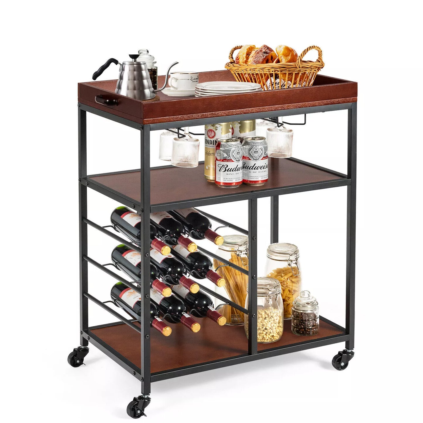 Industrial Kitchen Island Cart 3-Tier Rolling Bar Serving Trolley With Wine Rack