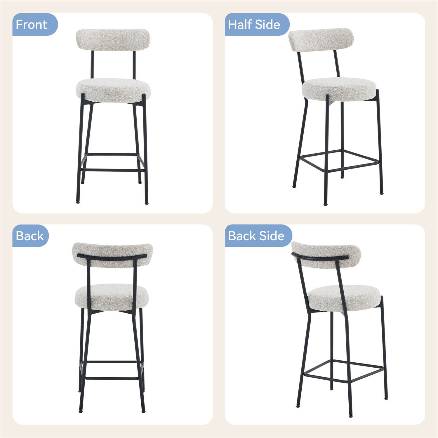 Bar Stools Set of 2 Upholstered Kitchen Bar Stools with Backrest and Footrest