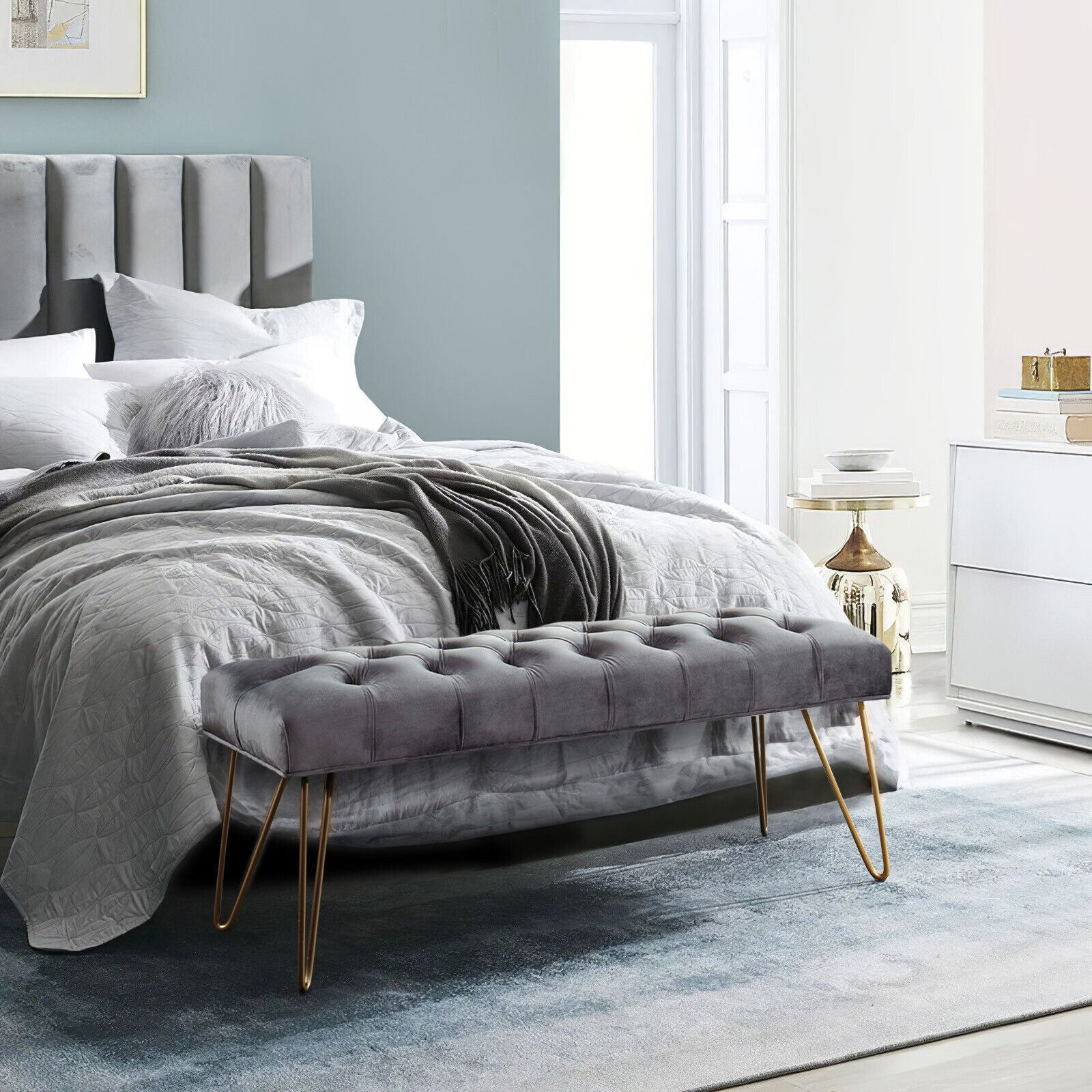 Entryway Bench Modern Ottoman End Of Bed Stool Velvet Upholstered Seat Foot Rest