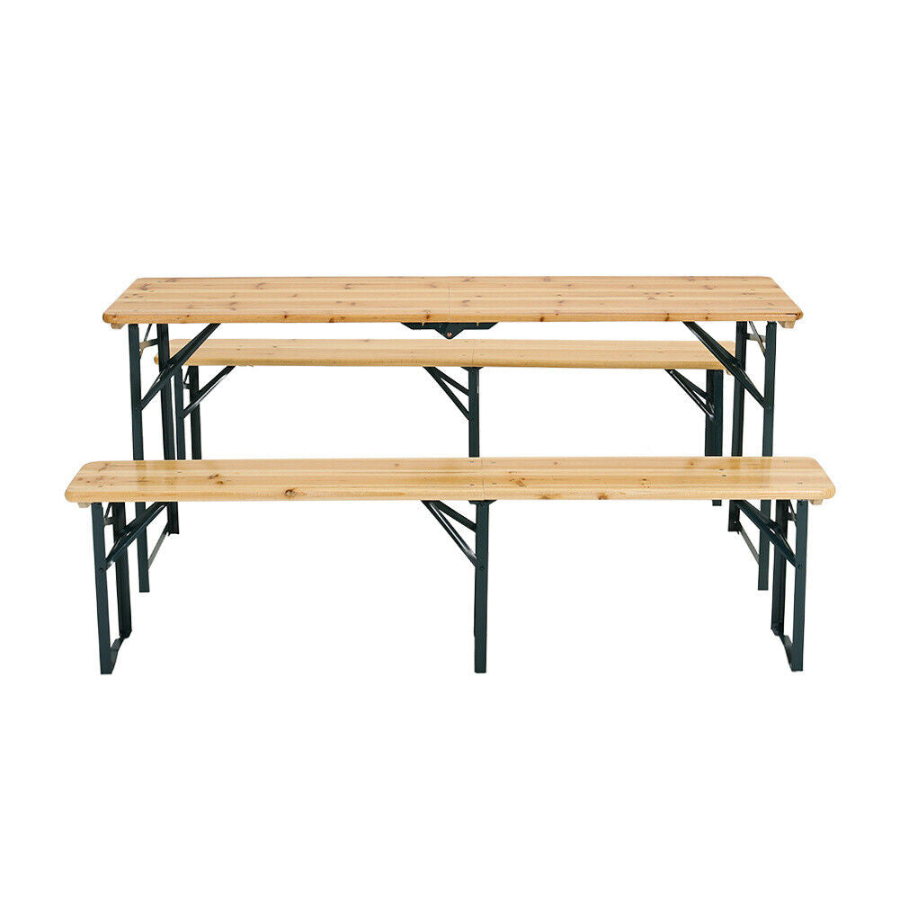 3pcs Garden Folding Table Chair Set Beer Table Wooden Bench Trestle Dining Seat