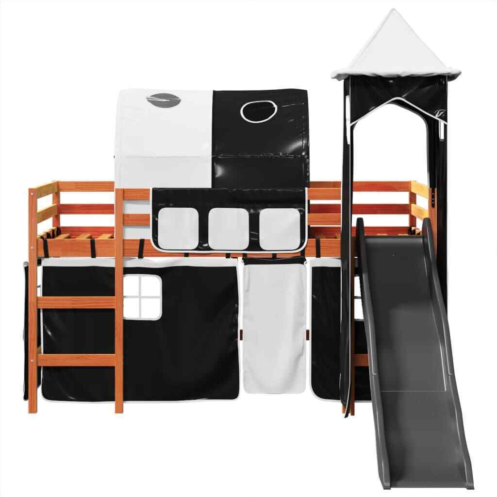 ' Loft Bed with Tower White&Black 90x200 Solid Wood Pine T8E2