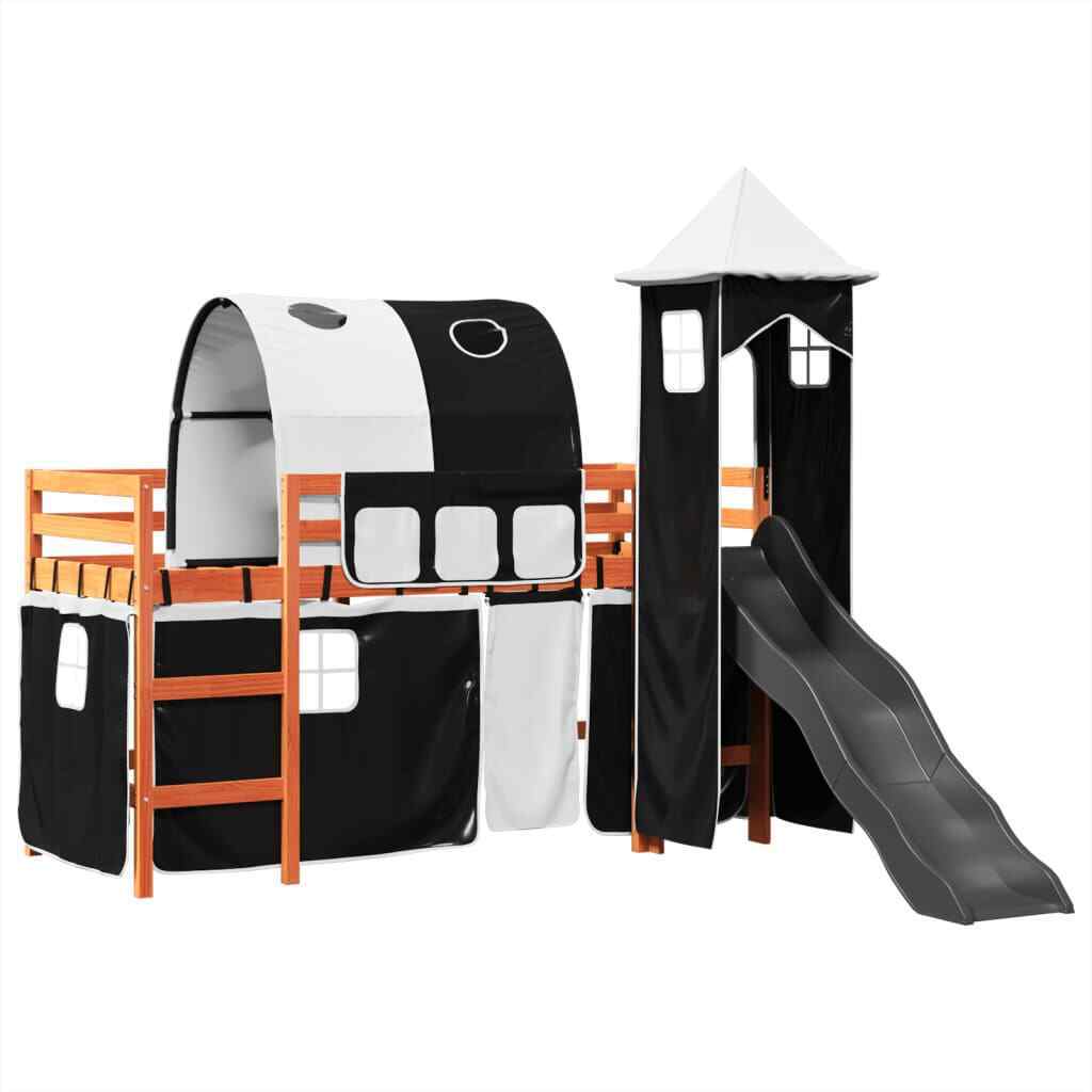 ' Loft Bed with Tower White&Black 90x200 Solid Wood Pine T8E2