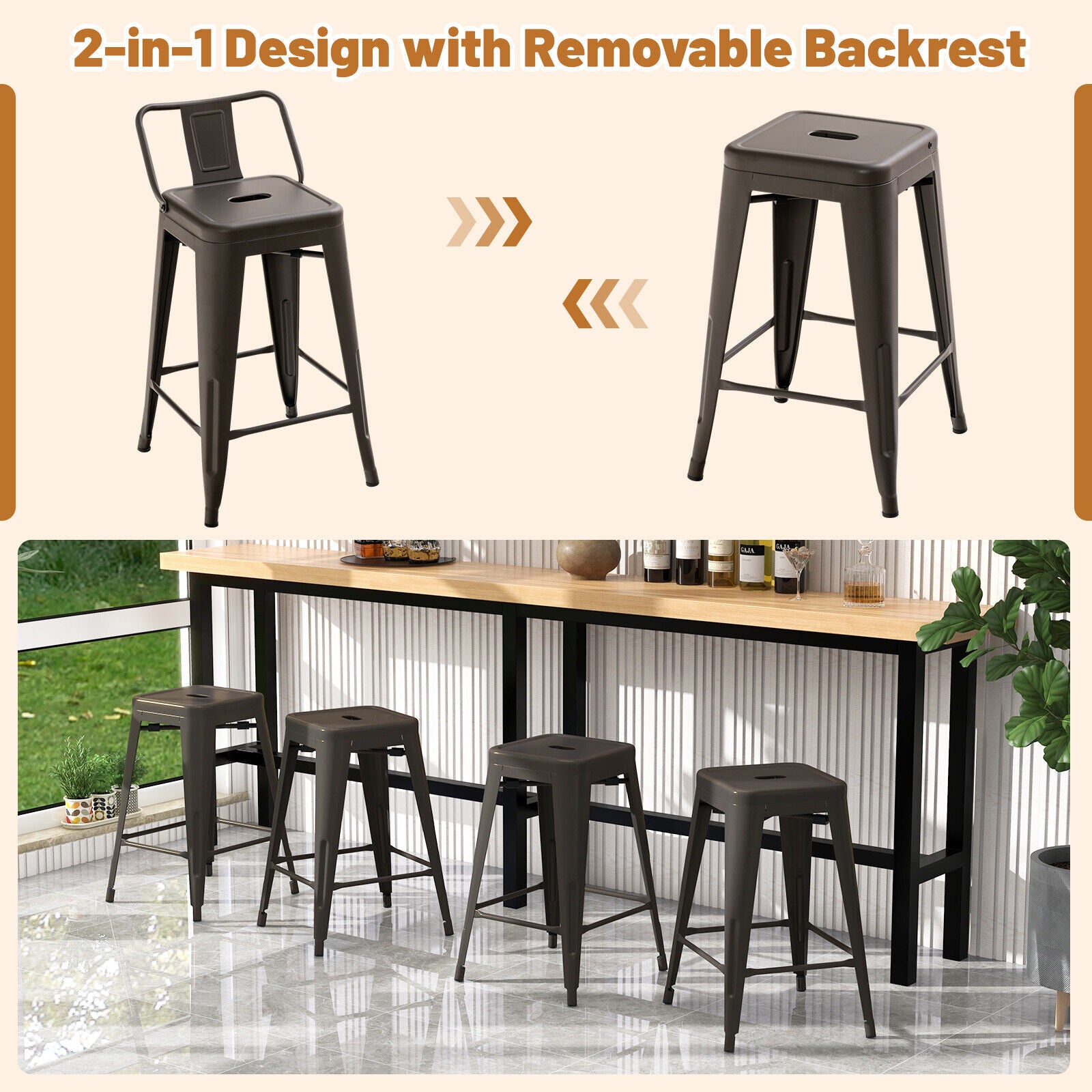 Bar Stools Set of 4 Restaurant Metal Dining Chairs Side Chairs w/Removable Back