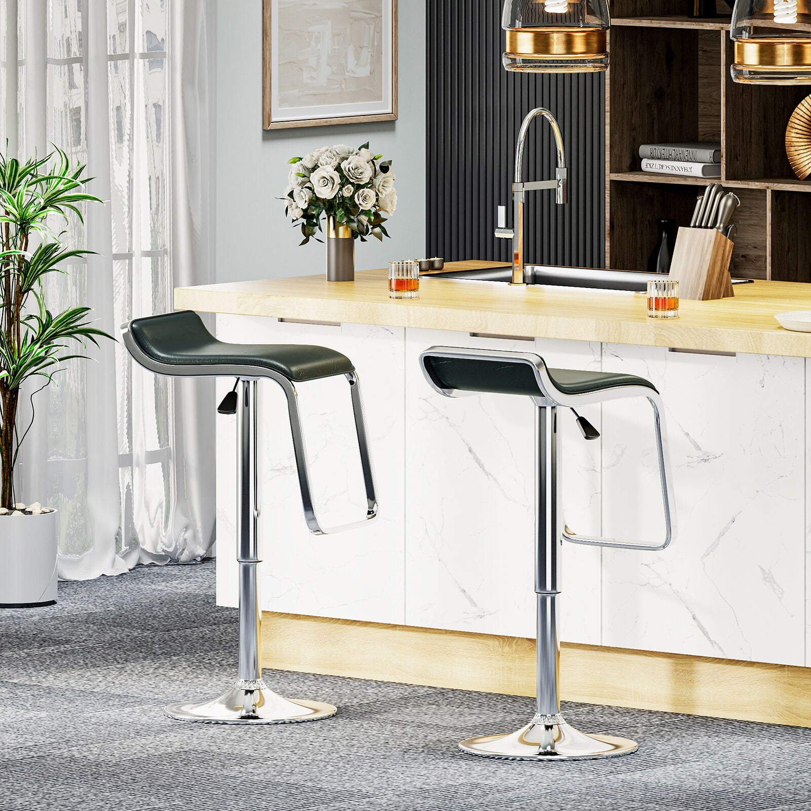 Bar Stools × 2 Padded Seat Faux Leather Swivel Home Kitchen Breakfast Muti Types