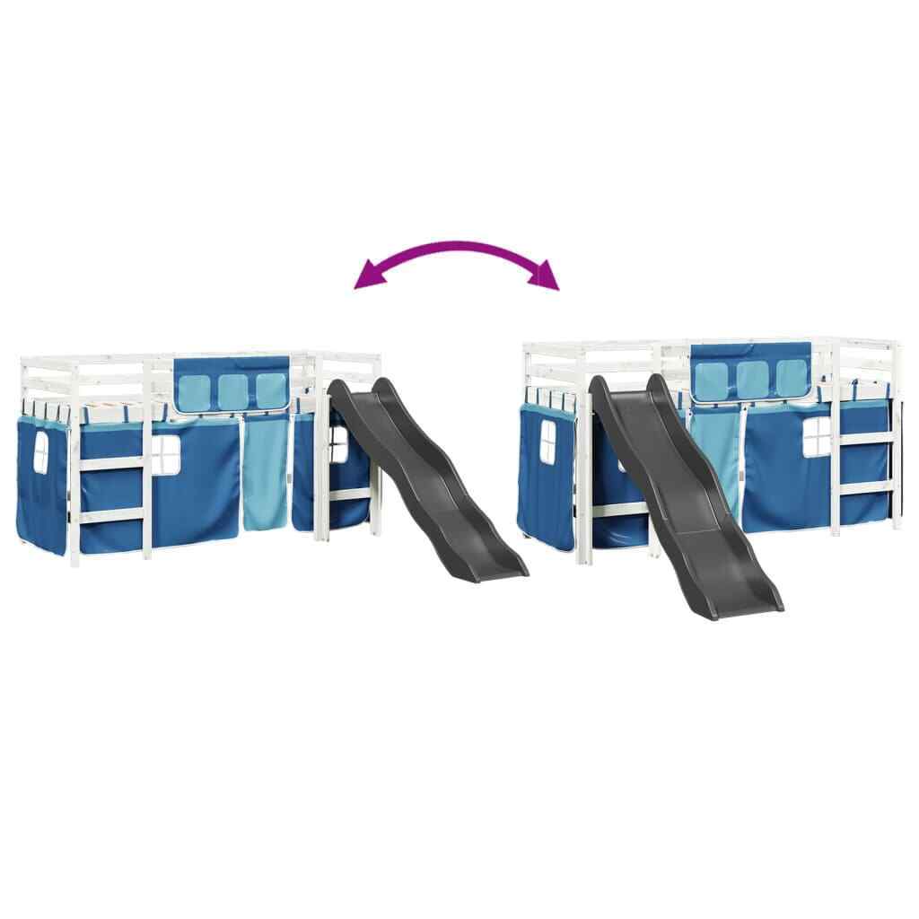 ' Loft Bed with Curtains Blue 90x200 Solid Wood Pine D9O1