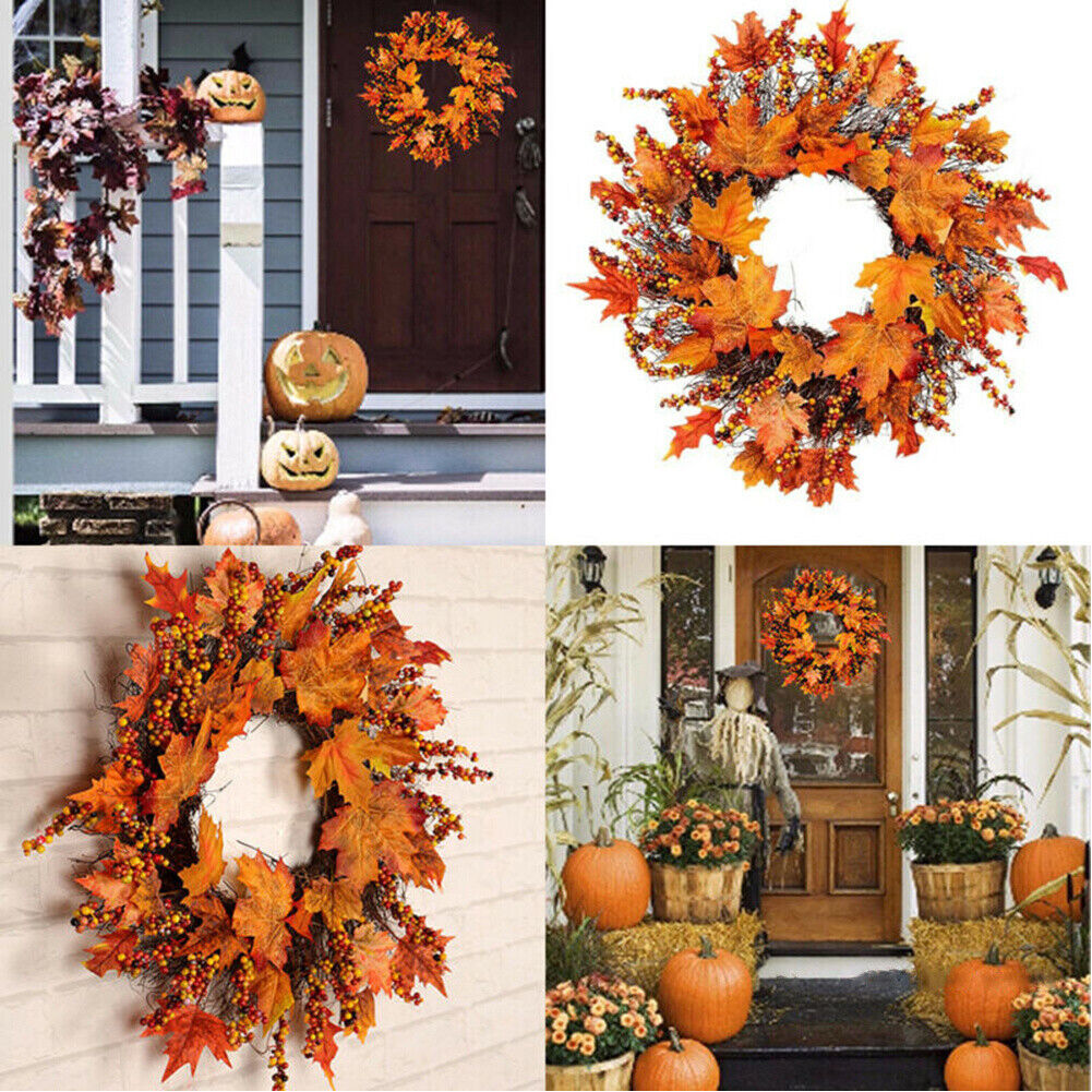 Autumn Fall Door Wreath Autumn Maple Leaf with LED Harvest Front Door Home Decor