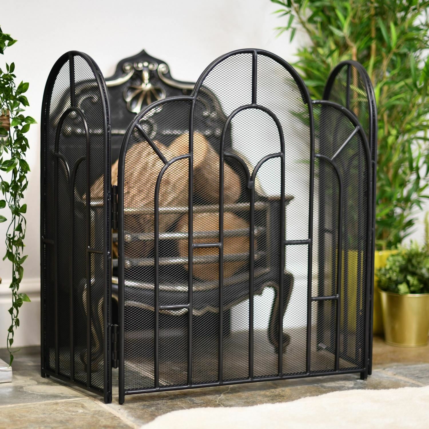 "Abbey" Black Three Fold Ornate Fire Screen