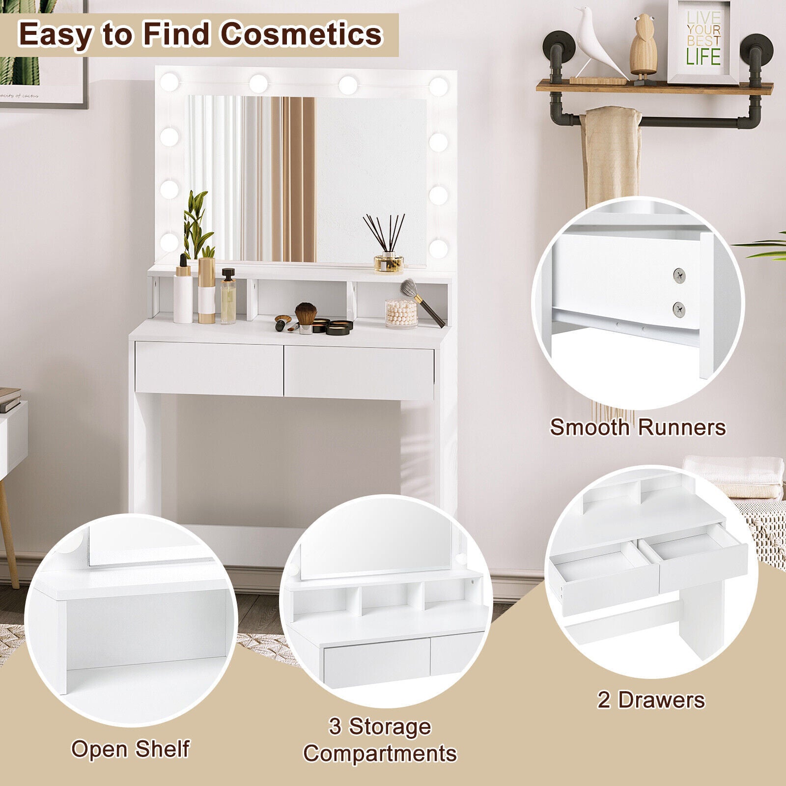 Dressing Table Vanity Makeup Desk with LED Mirror Adjustable Lights 2 Drawers