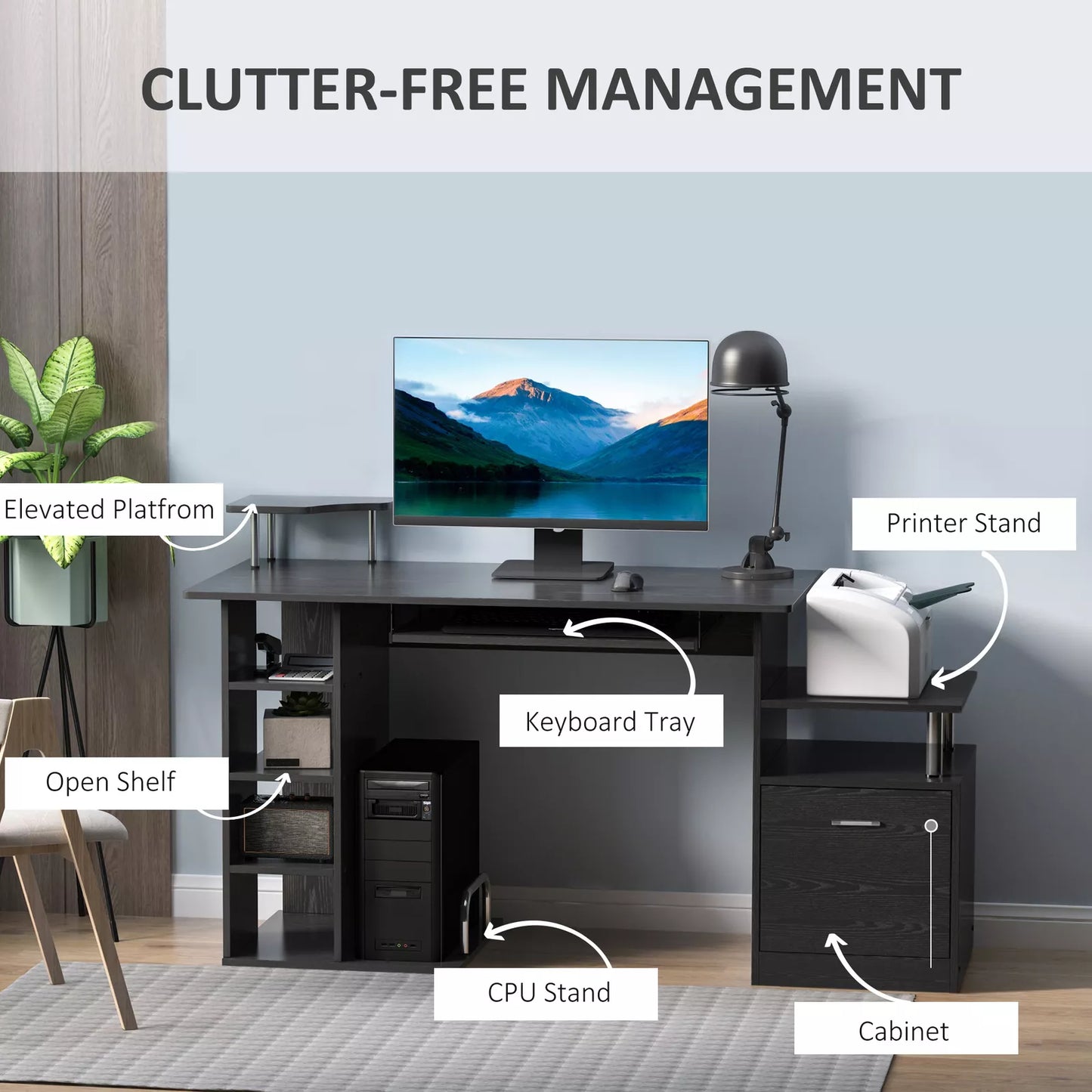 Modern Office Table Wooden Computer Work Desk Study Shelf Storage PC Rack Black