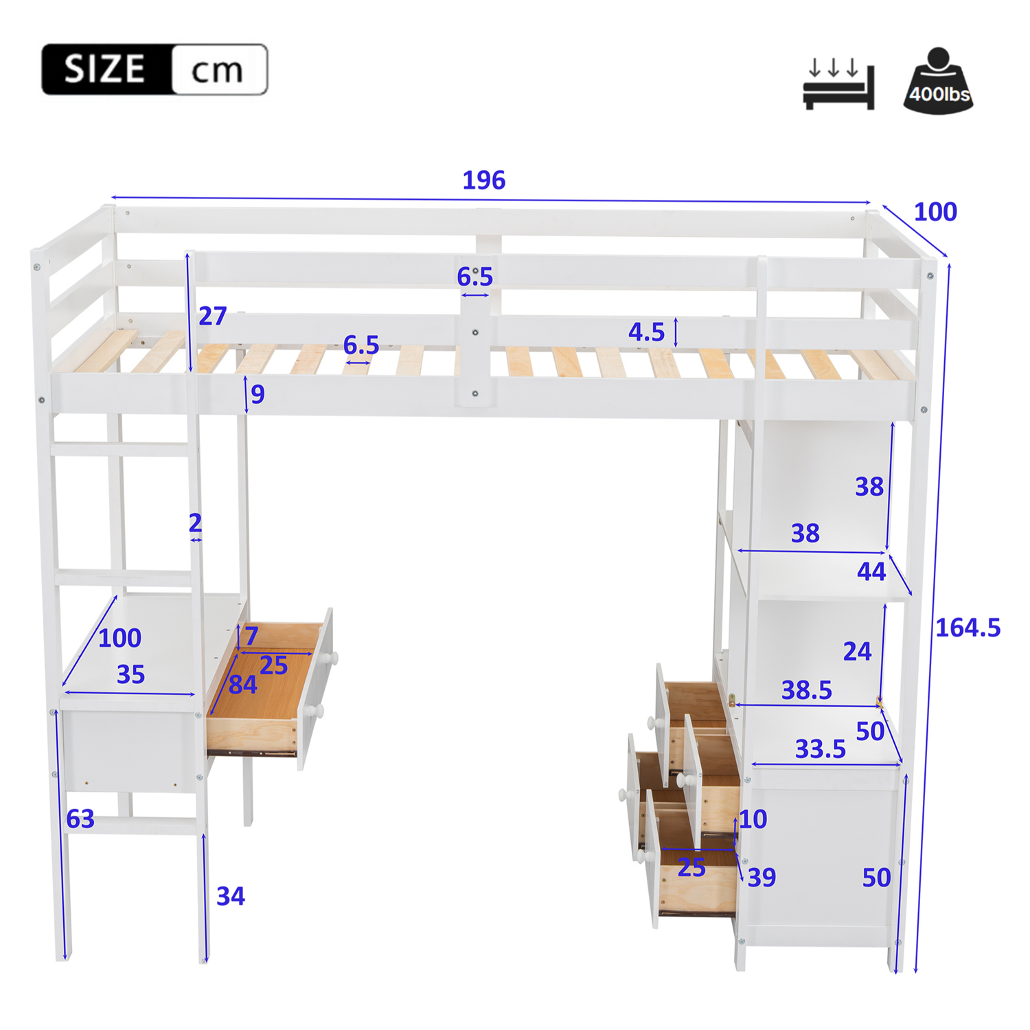 High Sleeper Bunk Bed Loft Bed with Desk & Drawers Storage Compartments for Kids