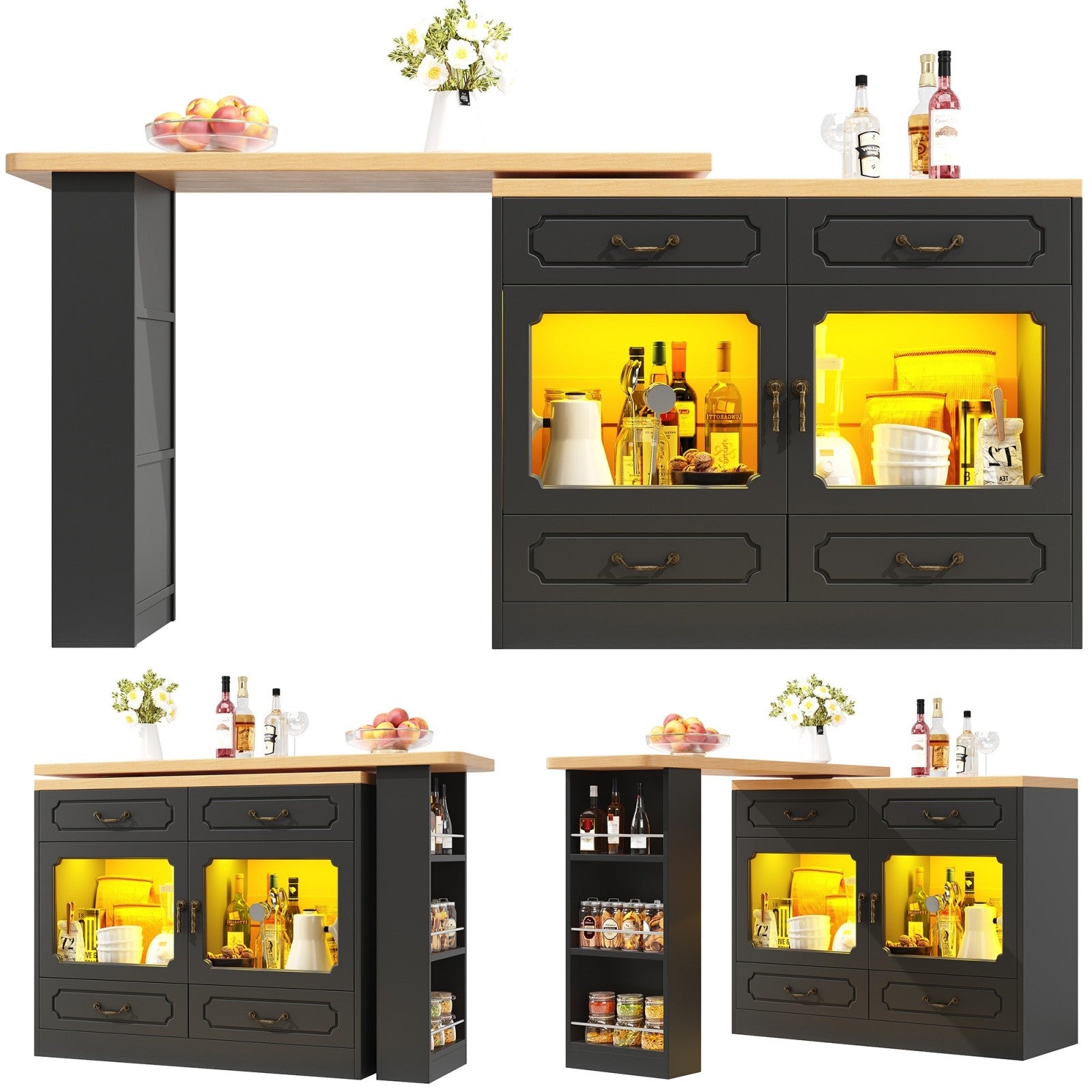 BAR TABLE WITH STORAGE CABINET KITCHEN ISLAND LED SIDEBOARD & 3 TIER SPICE RACK