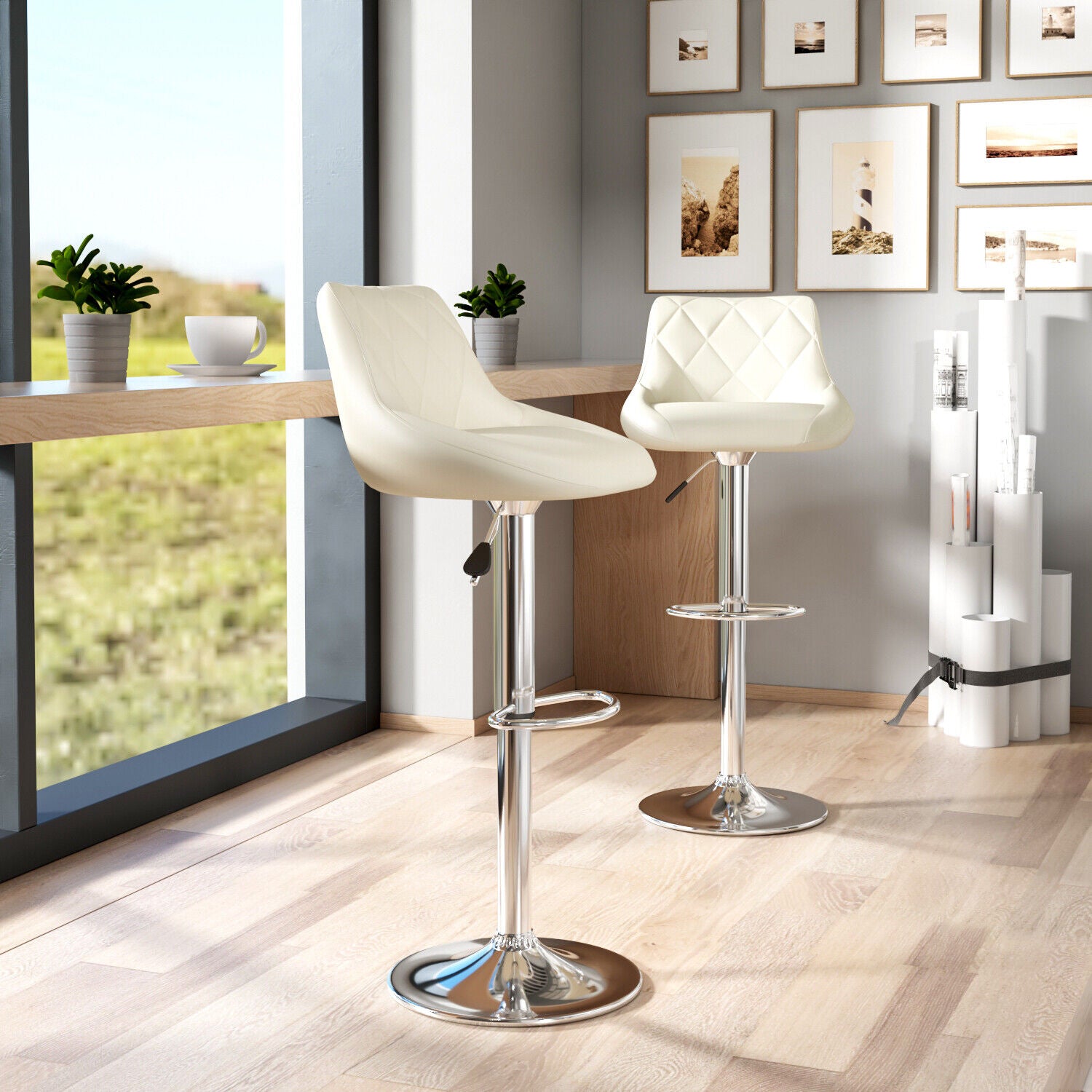 Bar Stools × 2 Padded Seat Faux Leather Swivel Home Kitchen Breakfast Muti Types