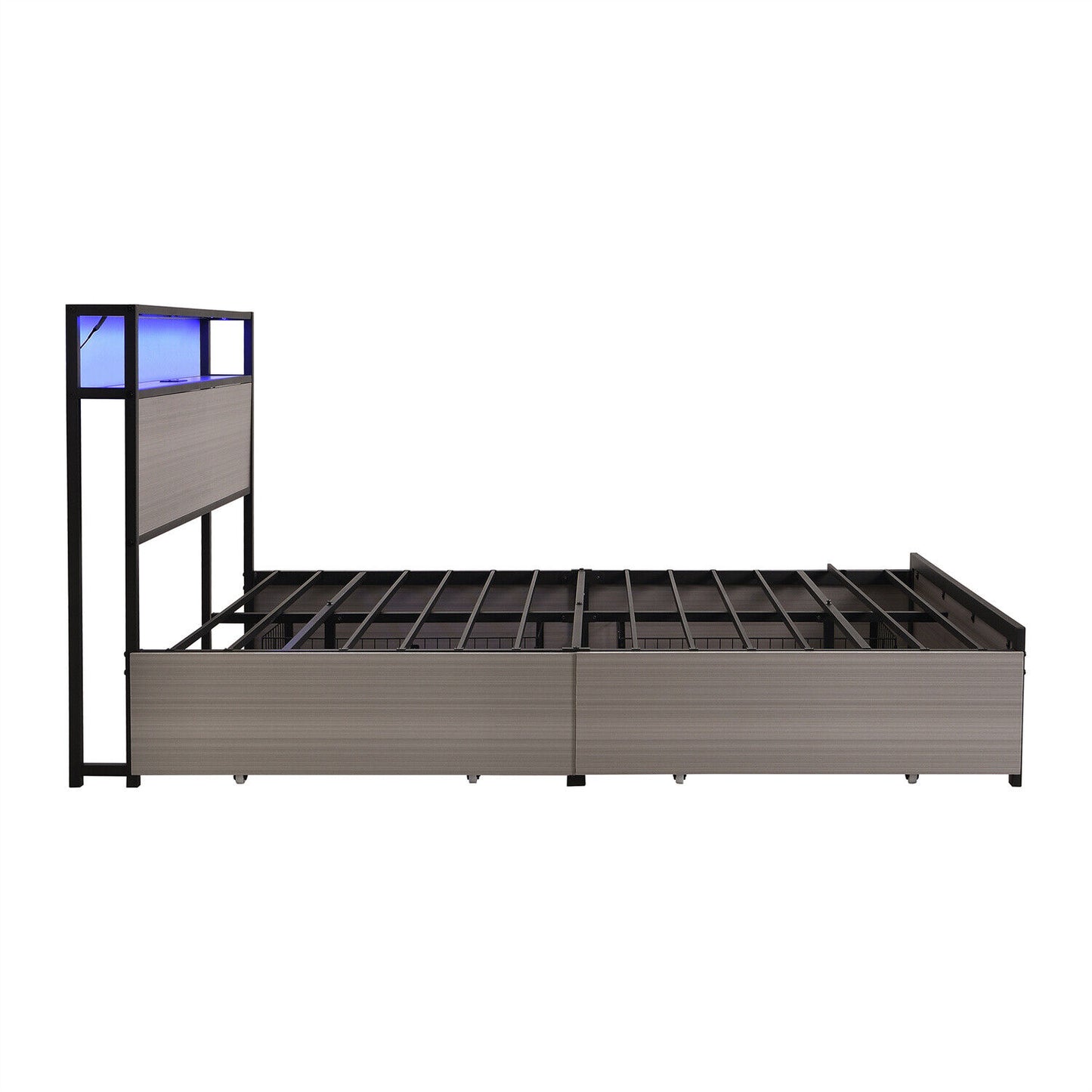 Double Bed Frame with LED Lights, 4 Drawers, Charging Station Metal Platform Bed