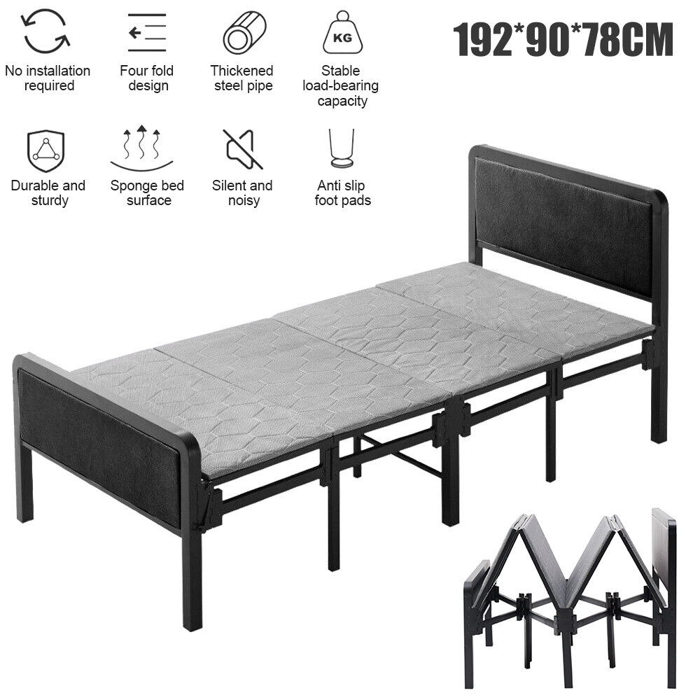 4-Fold Single Guest Bed Padded Small Space Folding Bed Frame Headboard&Footboard