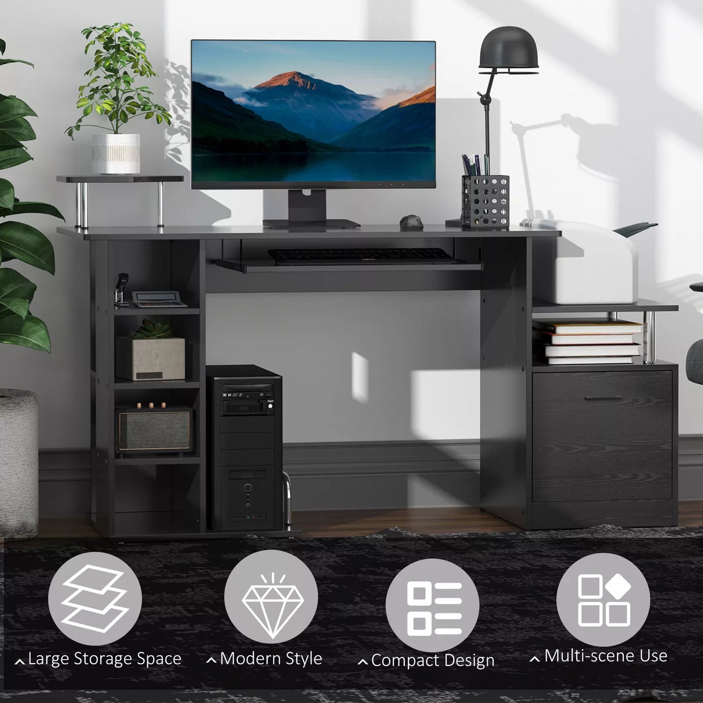 Modern Office Table Wooden Computer Work Desk Study Shelf Storage PC Rack Black