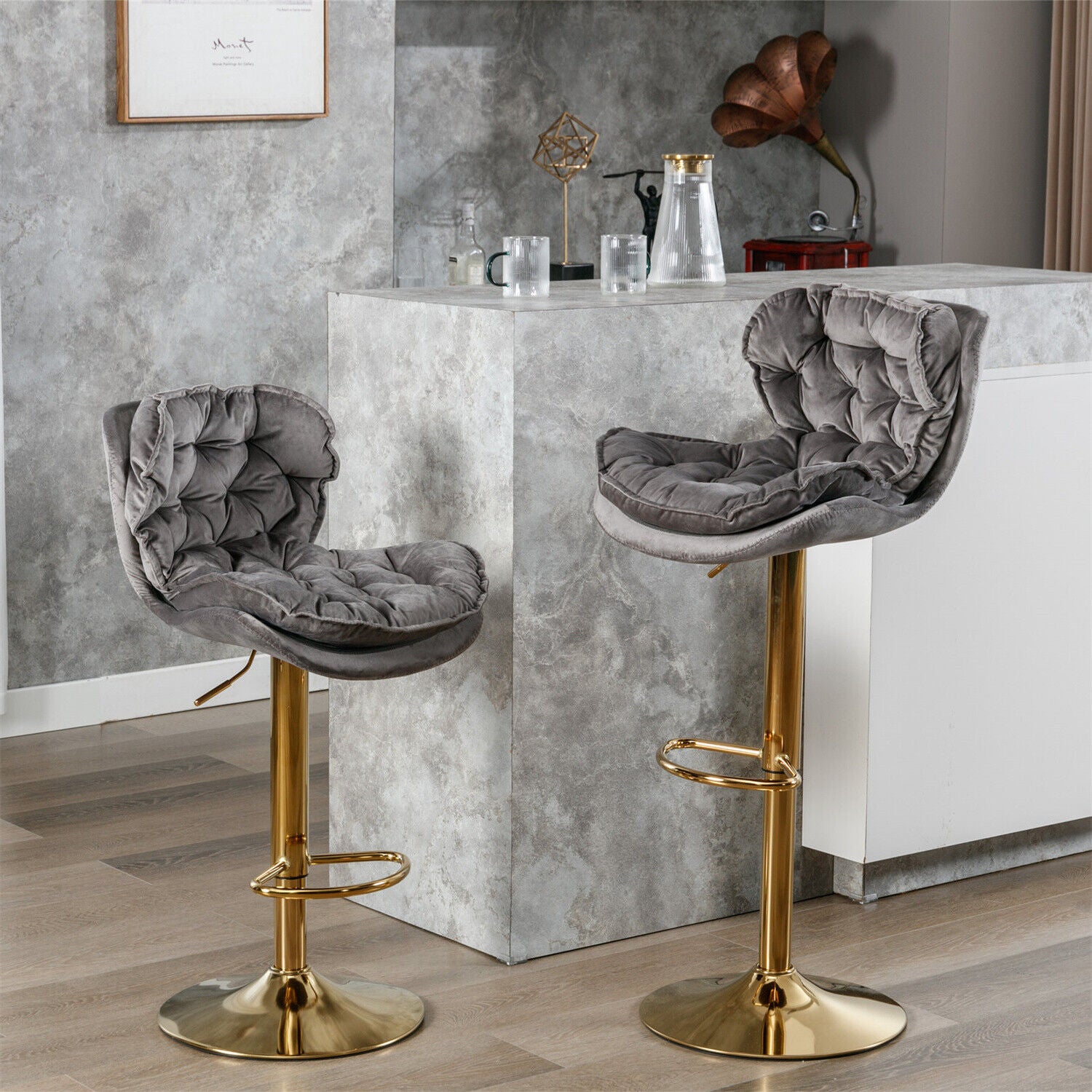Bar Stools Set of 2 Adjustable Height 360° Swivel Tufted Pub Bar Chairs Grey
