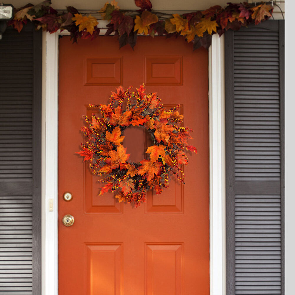 Autumn Fall Door Wreath Autumn Maple Leaf with LED Harvest Front Door Home Decor