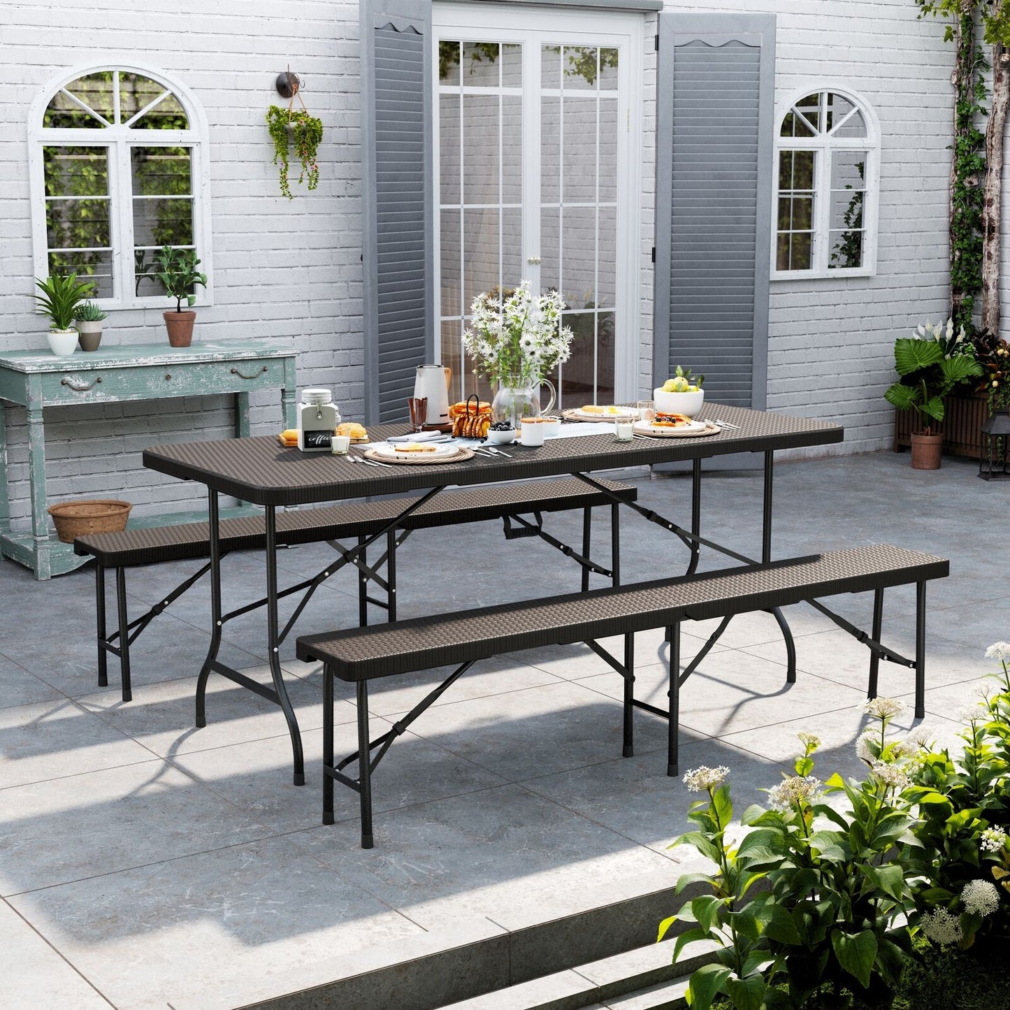 Rattan Garden Dining Table and Chairs Set Folding Camping BBQ Picnic Table Bench