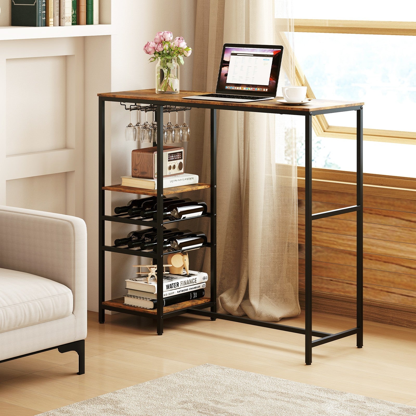 Bar Table Dining Table with Storage Shelves Wine Racks Brown