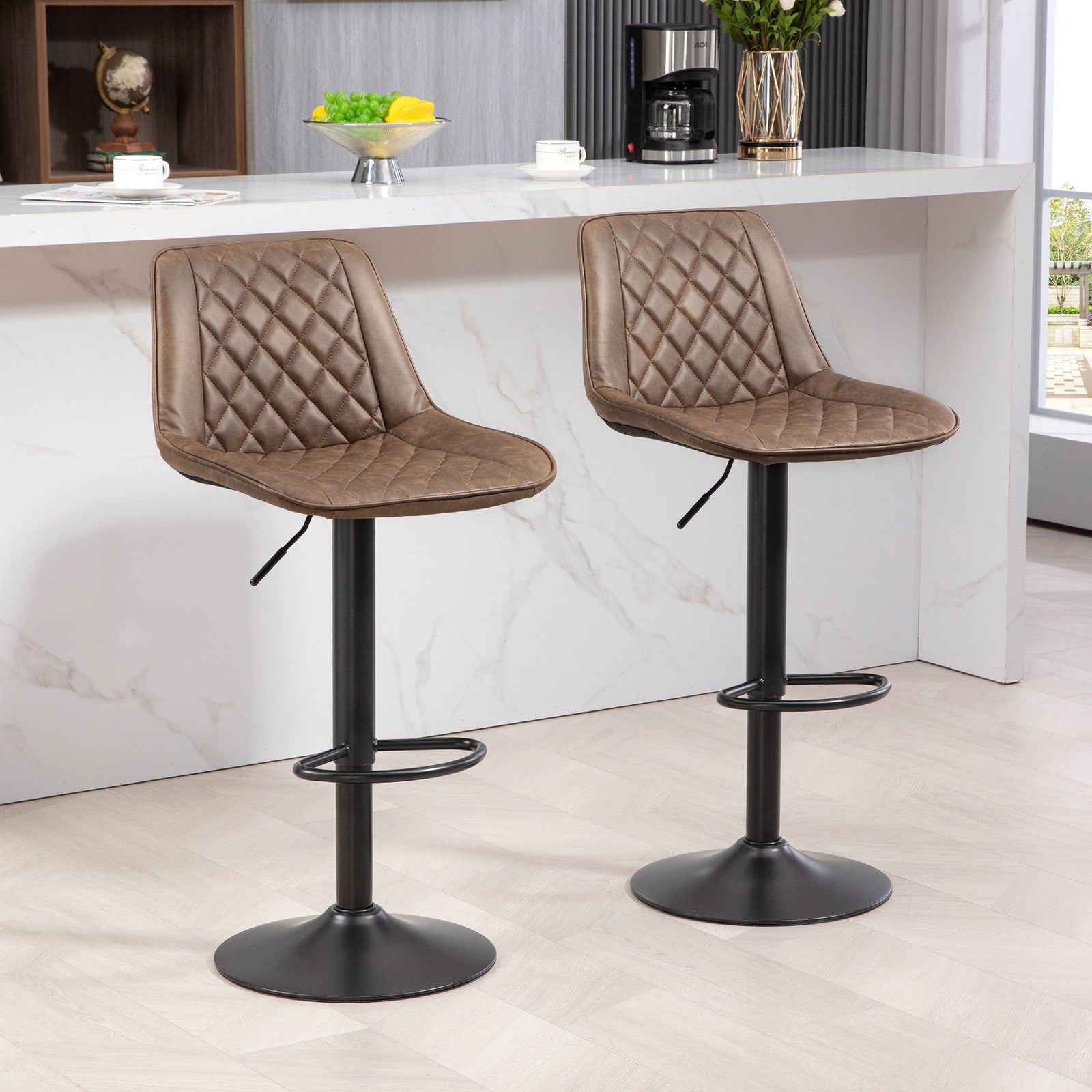 Bar Stools Set of 2, Adjustable Bar Chairs Swivel for Kitchen Brown