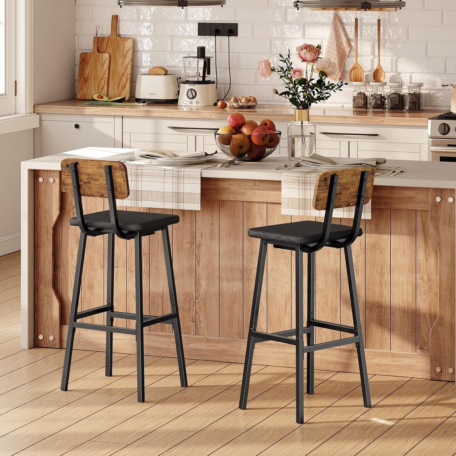 Bar Stools Set of 2 PU Upholstered Breakfast Bar Chairs Barstools with Backs