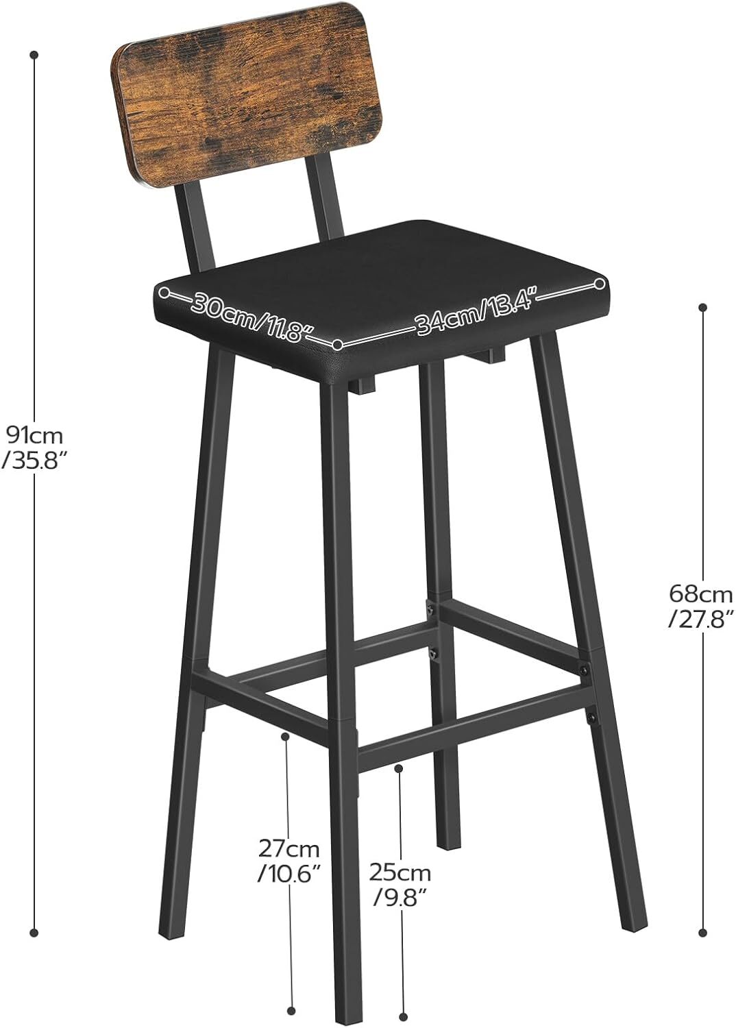 Bar Stools Set of 2 PU Upholstered Breakfast Bar Chairs Barstools with Backs