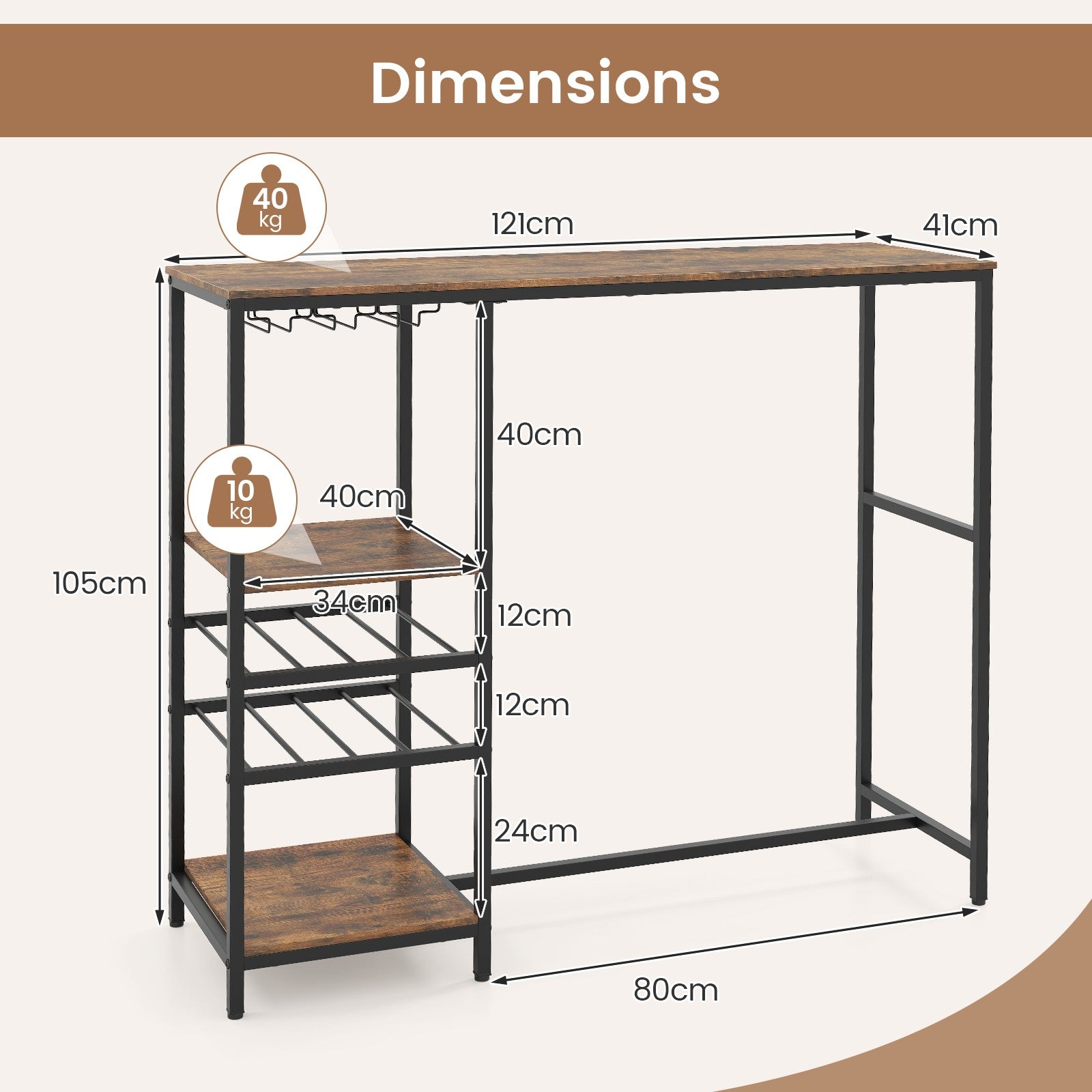Bar Table Dining Table with Storage Shelves Wine Racks Brown
