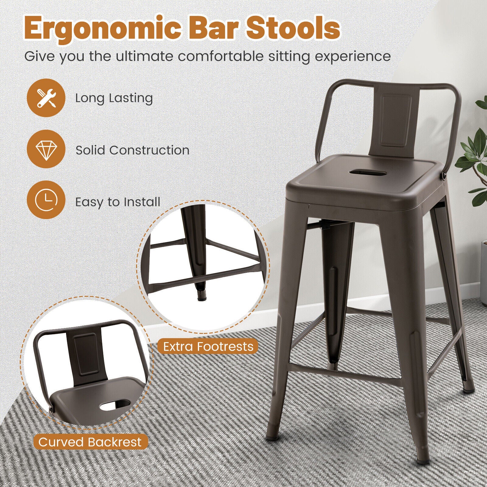 Bar Stools Set of 4 Restaurant Metal Dining Chairs Side Chairs w/Removable Back