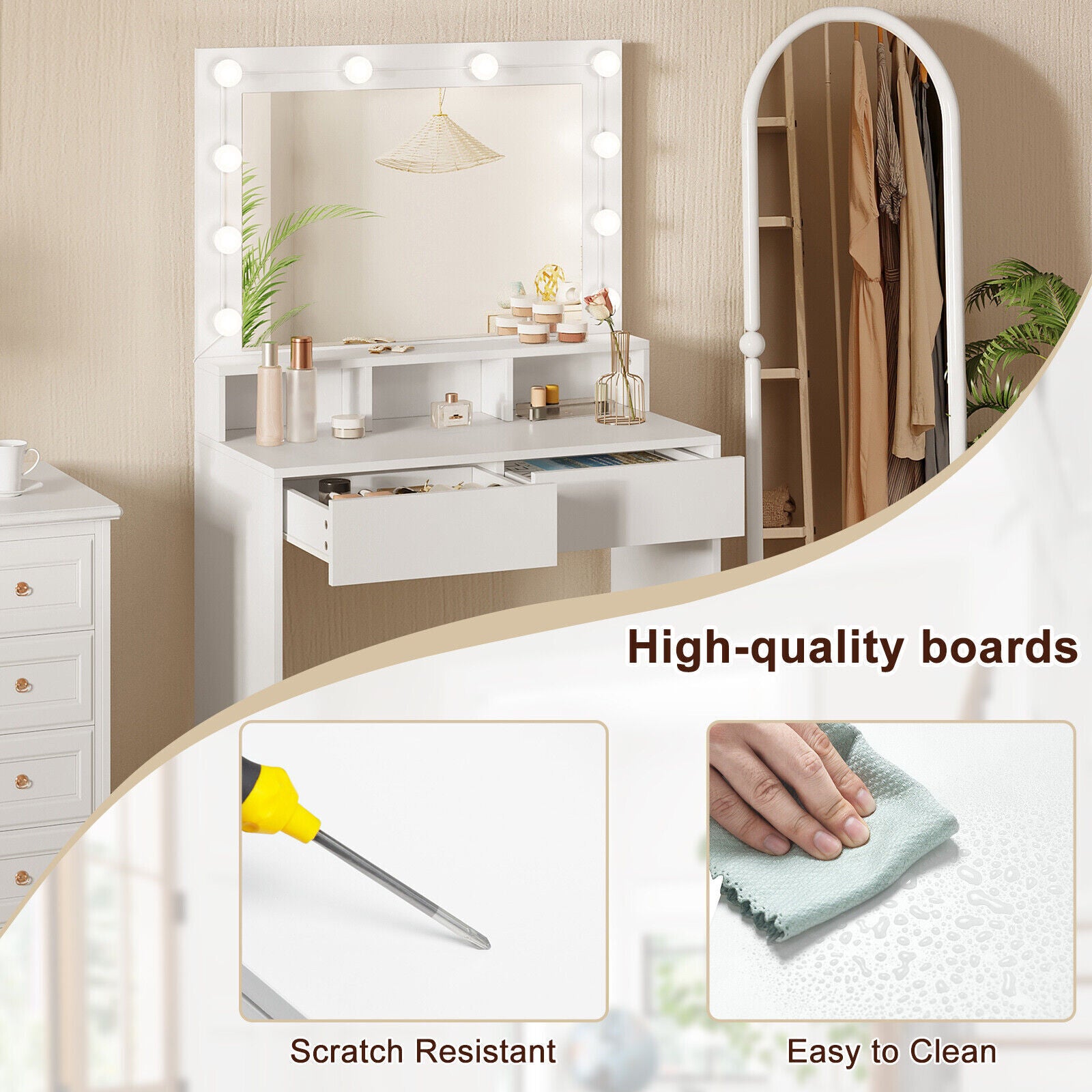 Dressing Table Vanity Makeup Desk with LED Mirror Adjustable Lights 2 Drawers