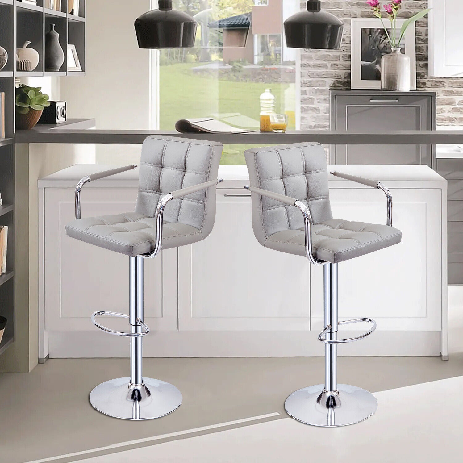 Bar Stools Set of 2 PU Leather Swivel Height Adjustable Bar Chairs With Backrest
