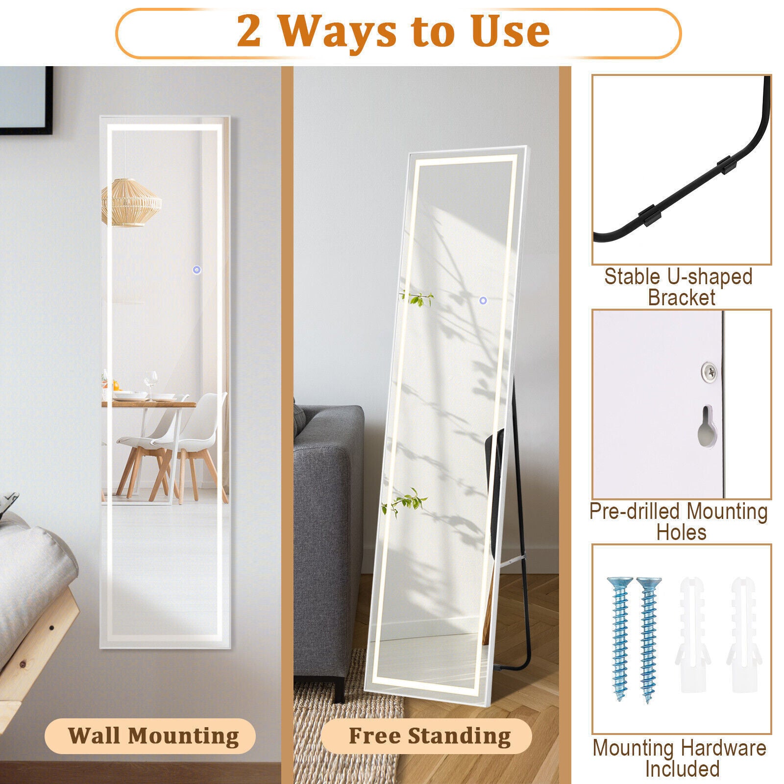 Full Length Mirror Bedroom LED Lighted Full Body Mirror with Lights and Stand