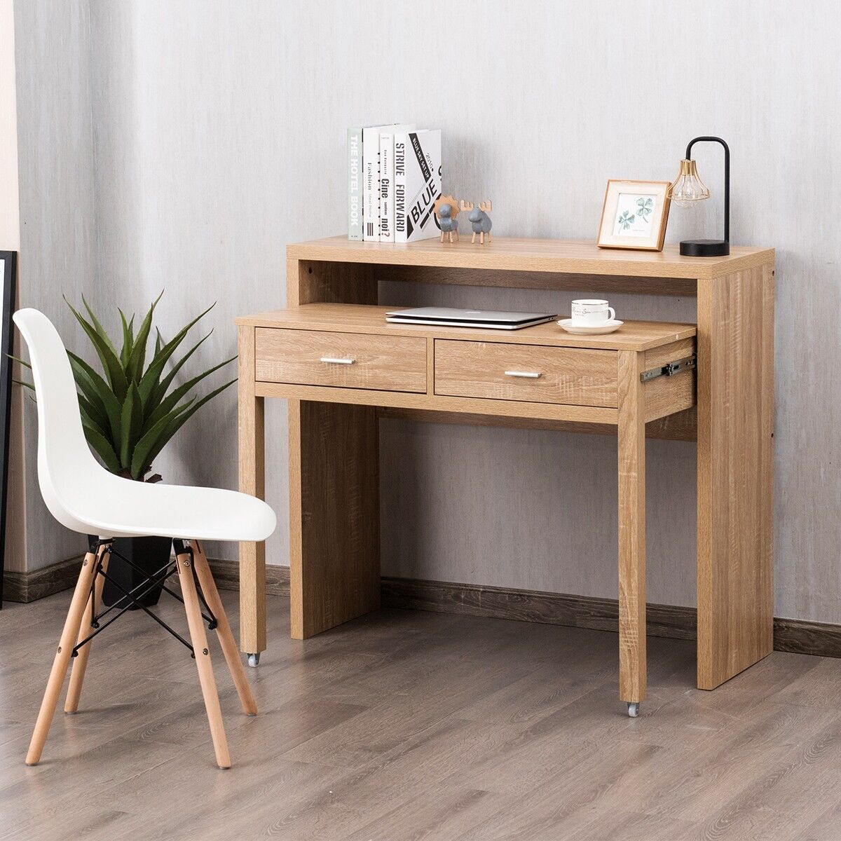 Costway Extending Writing Desk Console Table Wood Study Workstation w/2 Drawers