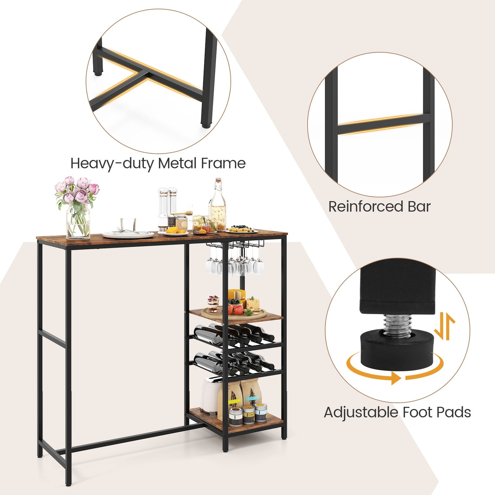 Bar Table Dining Table with Storage Shelves Wine Racks Brown