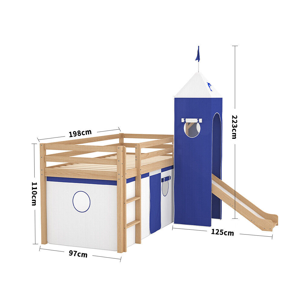 Children Kids Castle Single Bed Cabin Loft Pine Wood With Ladder Slide Tent