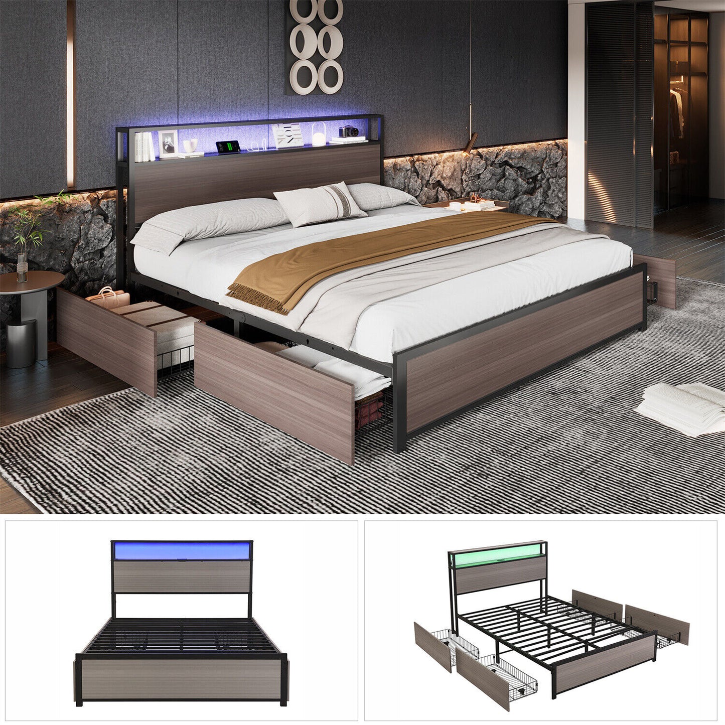 Double Bed Frame with LED Lights, 4 Drawers, Charging Station Metal Platform Bed