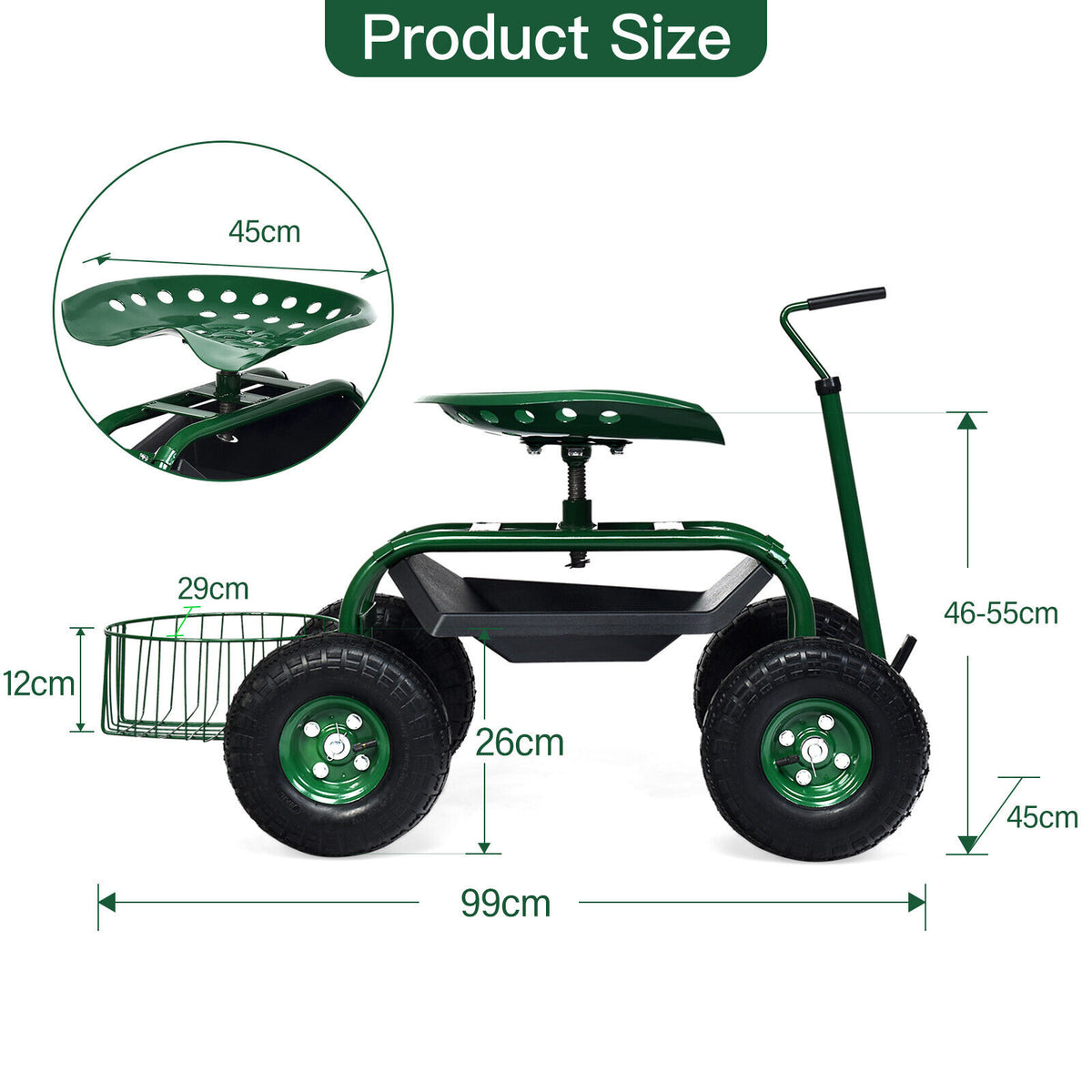 99CM Garden Cart Garden Rolling Scooter Steerable Adjustable Work Seat