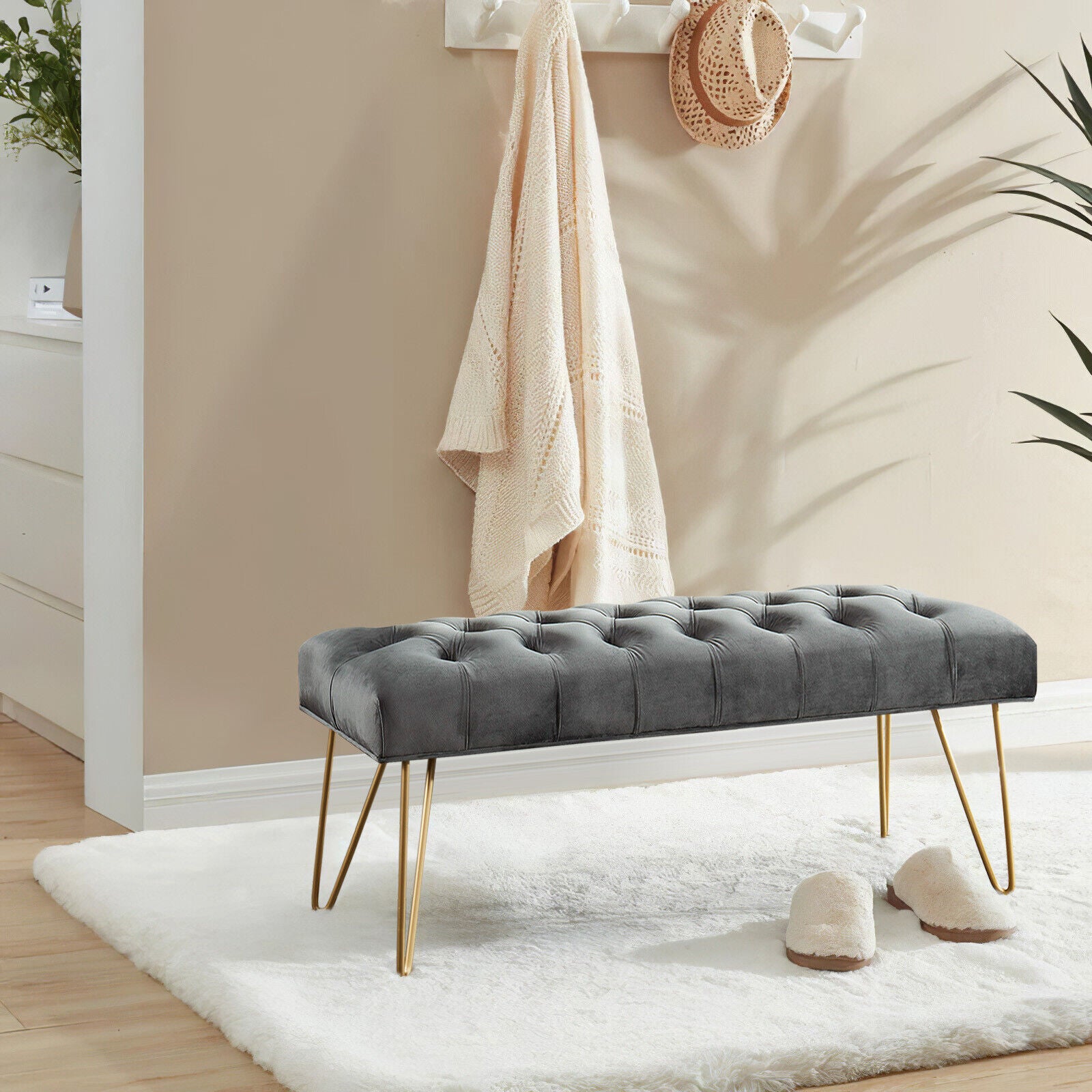 Entryway Bench Modern Ottoman End Of Bed Stool Velvet Upholstered Seat Foot Rest