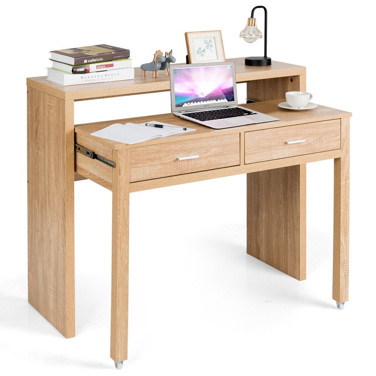 Costway Extending Writing Desk Console Table Wood Study Workstation w/2 Drawers