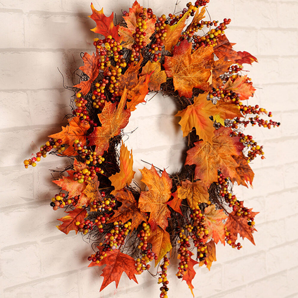 Autumn Fall Door Wreath Autumn Maple Leaf with LED Harvest Front Door Home Decor