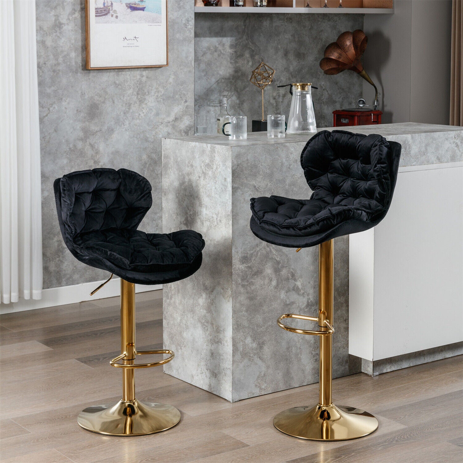 Bar Stools Set of 2 Adjustable Height 360° Swivel Tufted Pub Bar Chairs Black