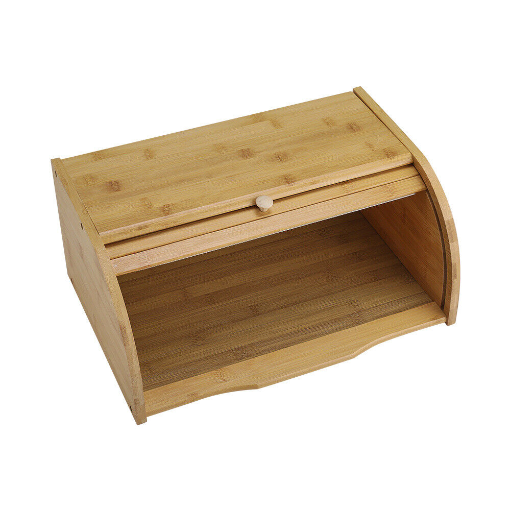 Bamboo Wooden Bread Bin Roll UpDoor Counter Rack Food Storage Box Loaf Container