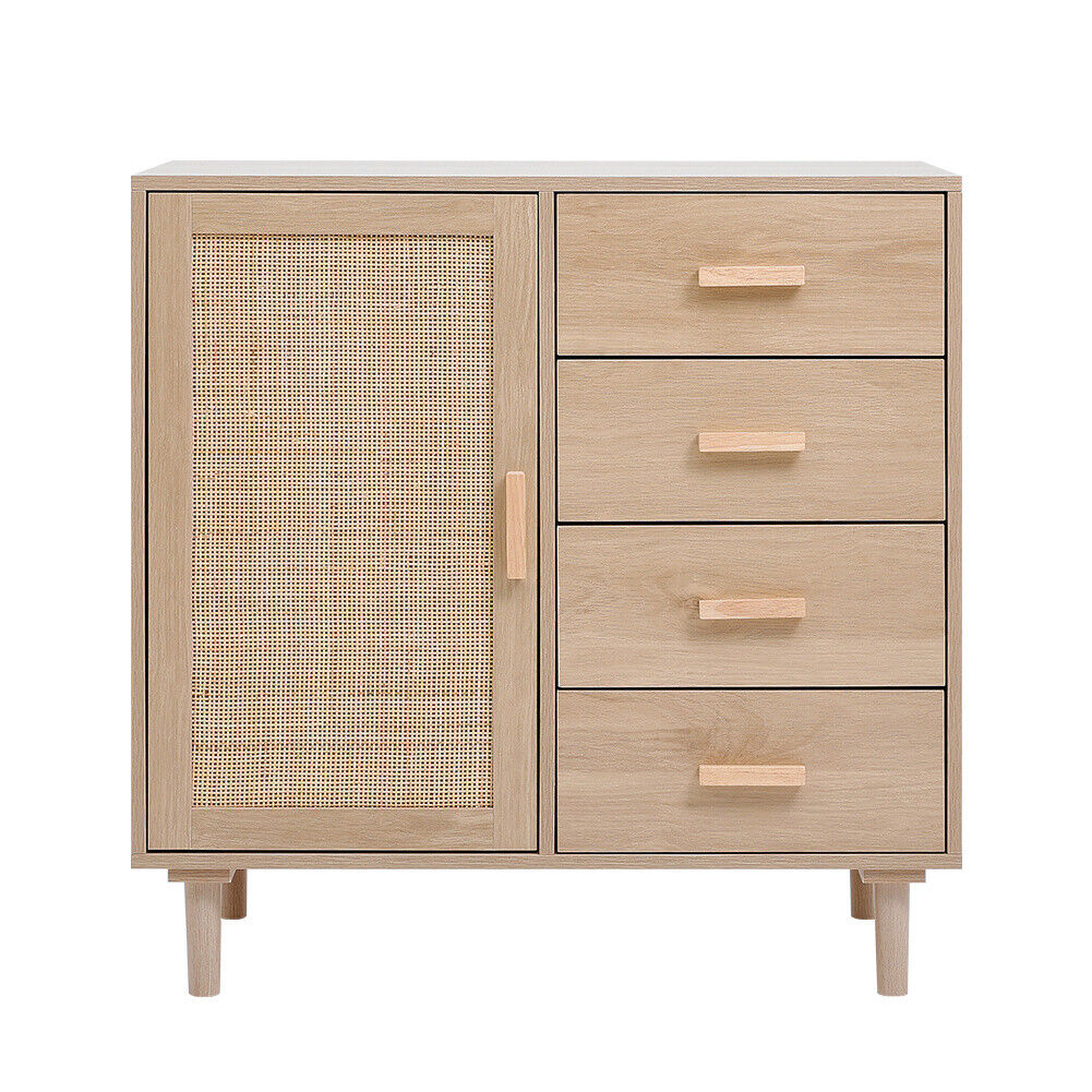 1 Door 2 Shleves 4 Drawer Sideboard Unit Storage Cabinet Compact Cupboard Rattan