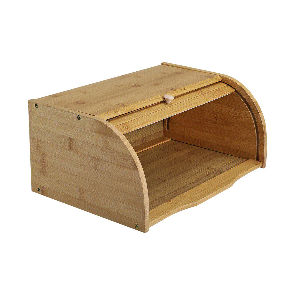 Bamboo Wooden Bread Bin Roll UpDoor Counter Rack Food Storage Box Loaf Container