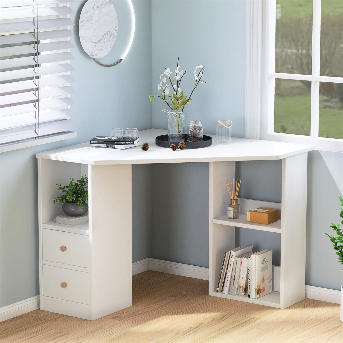 Corner Computer Desk with Storage Shelves Home Office Study Workstation Wooden