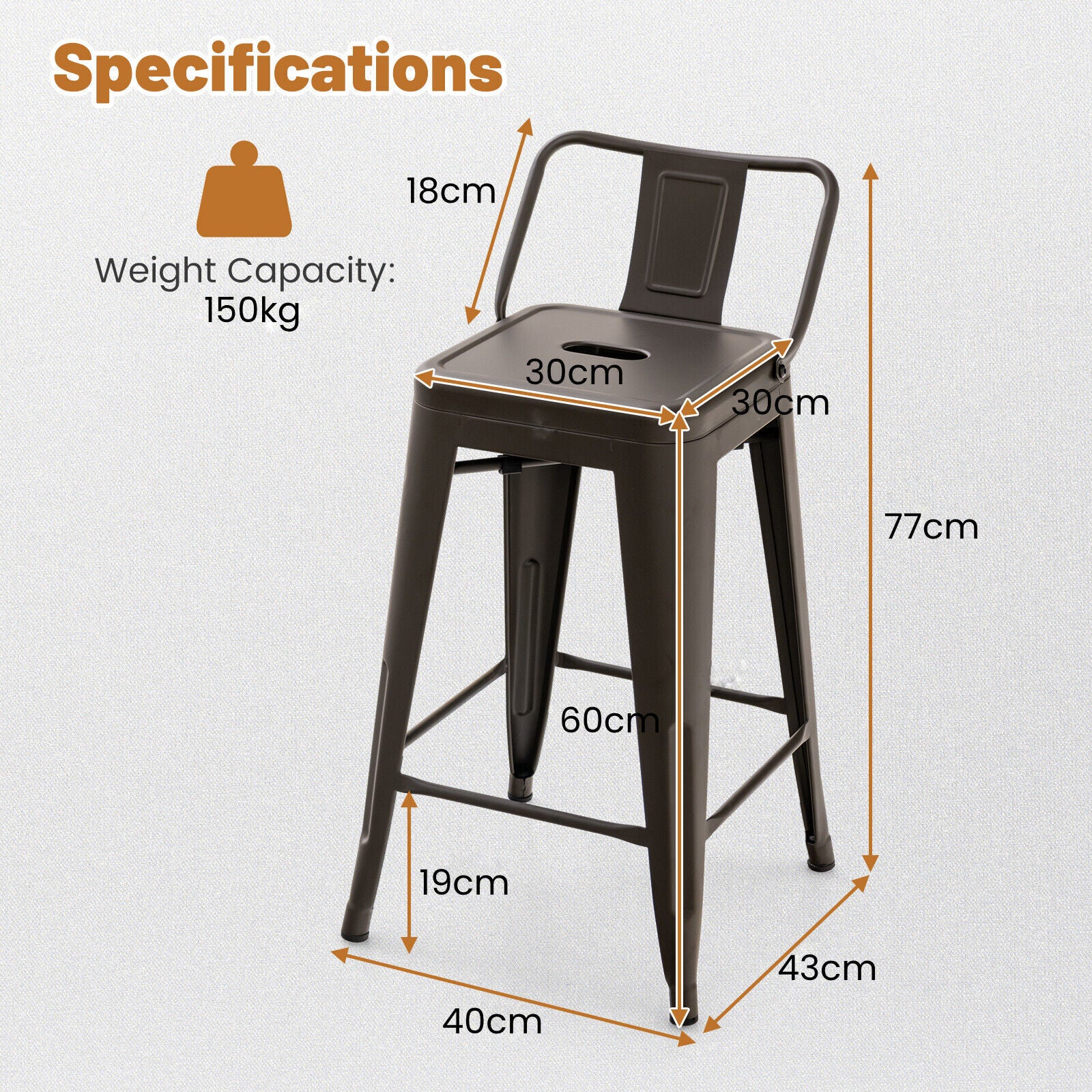 Bar Stools Set of 4 Restaurant Metal Dining Chairs Side Chairs w/Removable Back