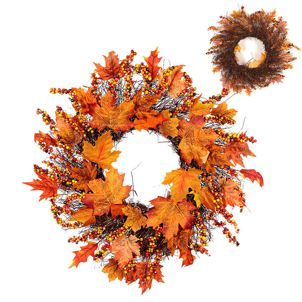 Autumn Fall Door Wreath Autumn Maple Leaf with LED Harvest Front Door Home Decor