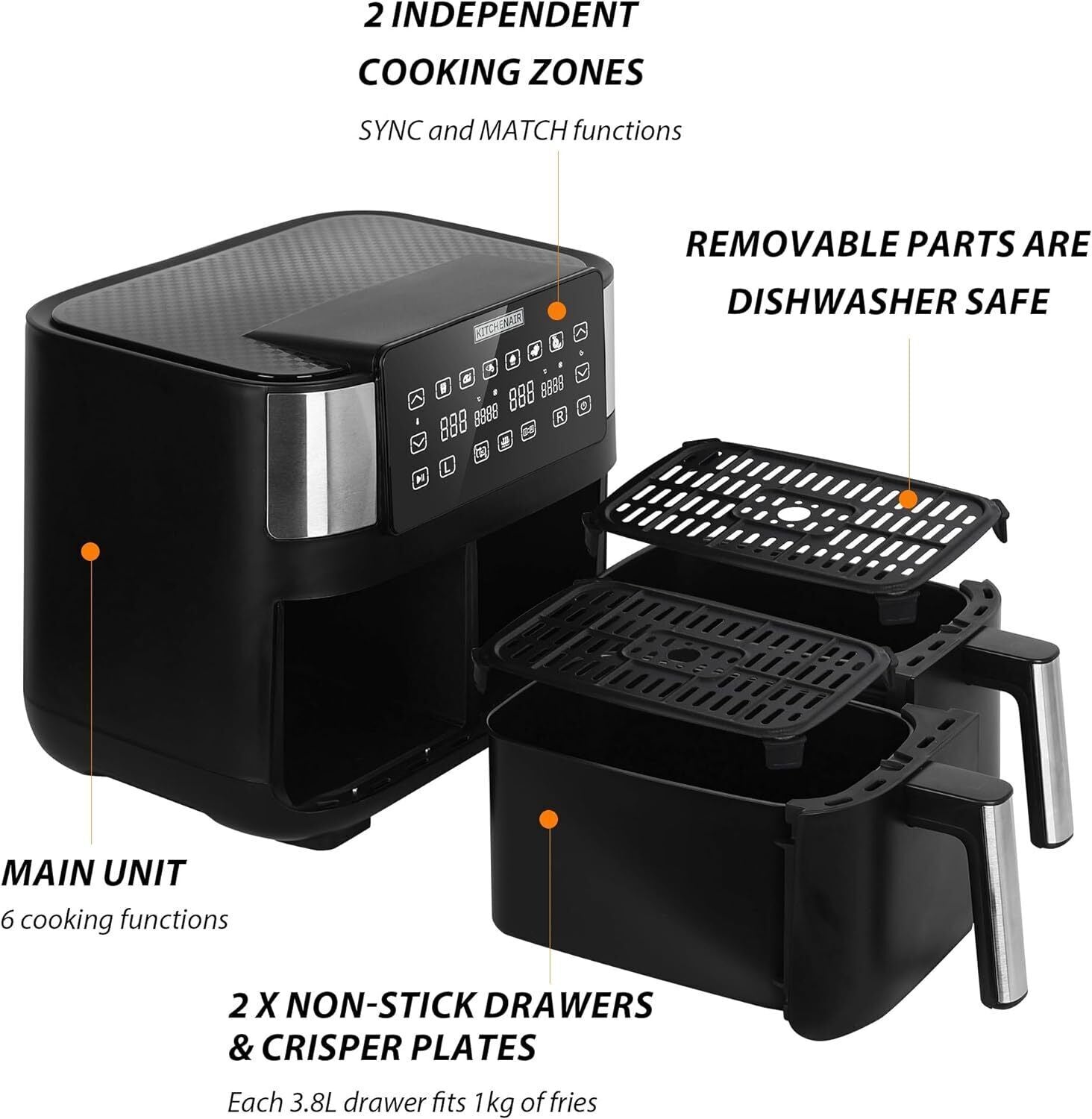 7.6L 1800W Air Fryer Double Digital Display Rapid Healthy Cooker Dual Basket UK