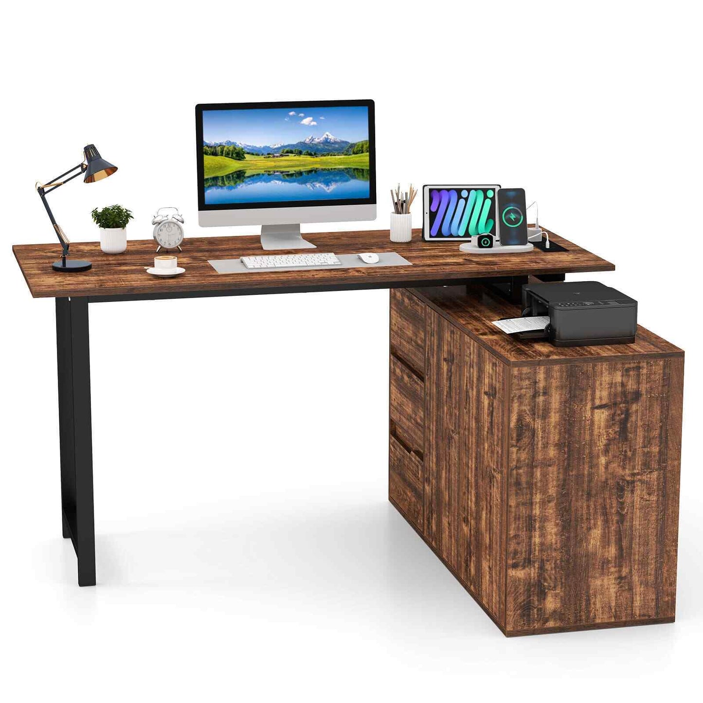 138 cm Reversible Corner Computer Desk L-Shaped Desk with 3 Drawers