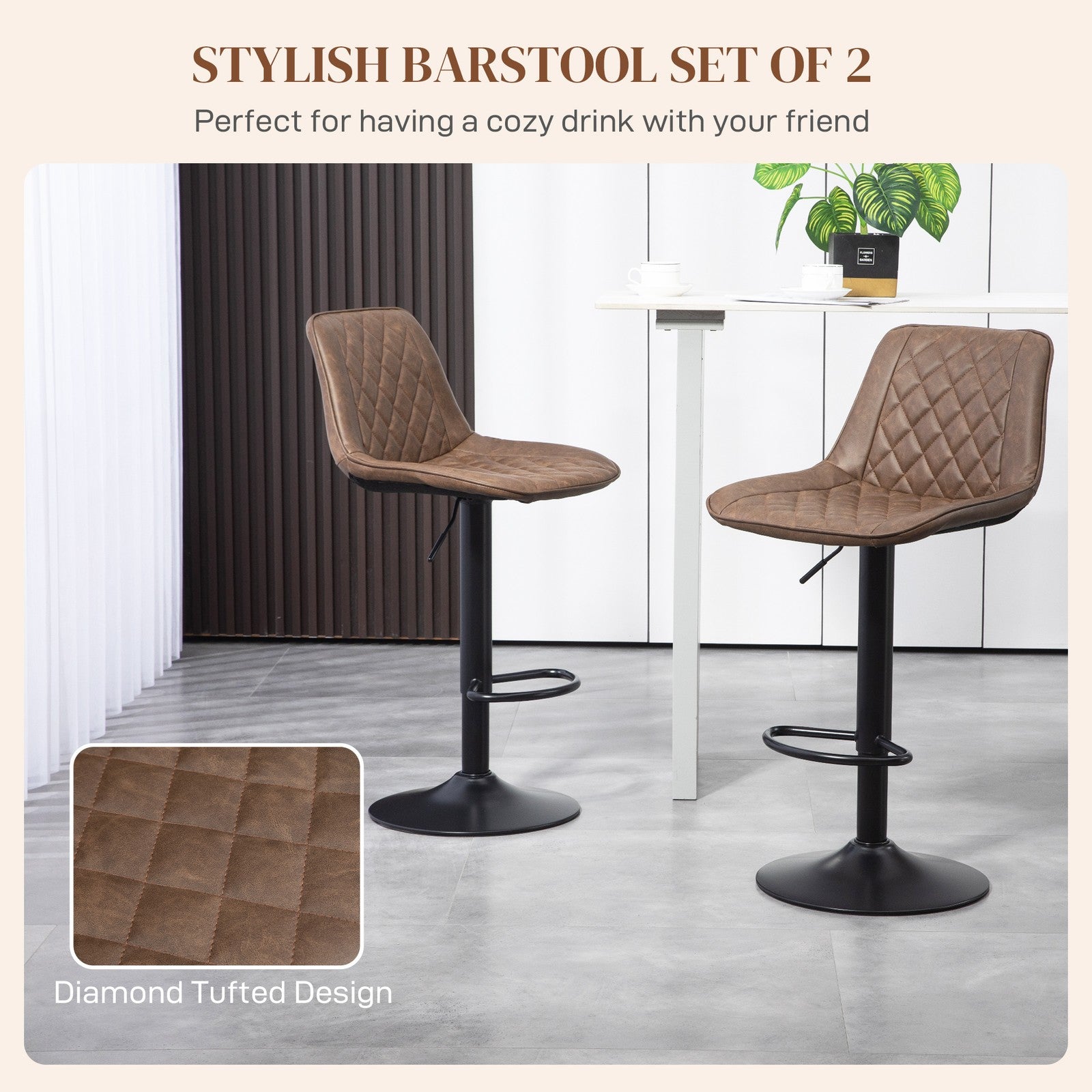 Bar Stools Set of 2, Adjustable Bar Chairs Swivel for Kitchen Brown