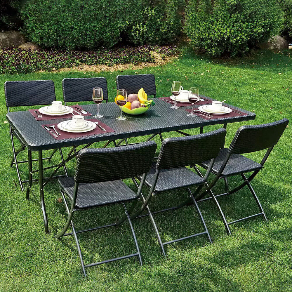 Rattan Garden Dining Table and Chairs Set Folding Camping BBQ Picnic Table Bench